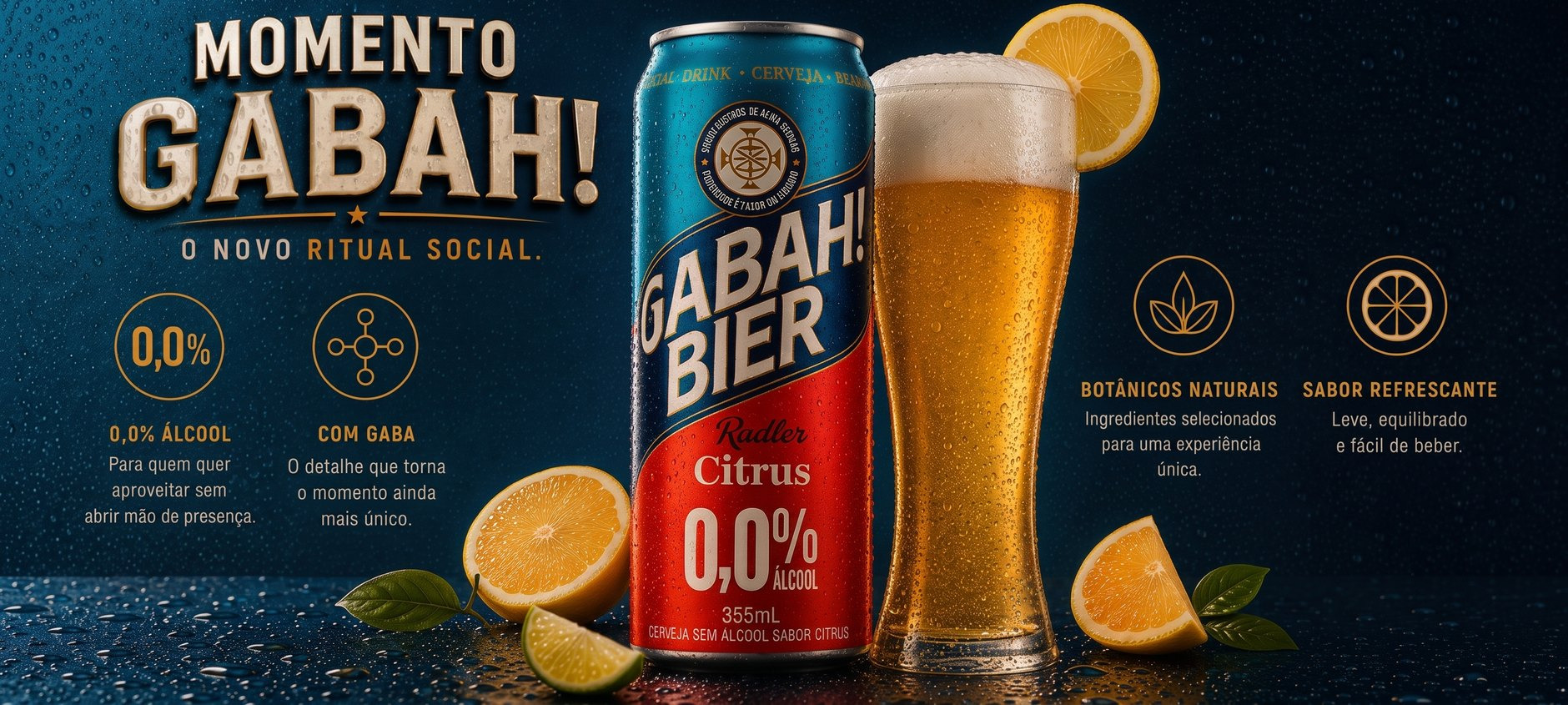 Momento Gabah! — lata Gabah! Bier Radler Citrus 0,0% álcool ao lado de um copo servido